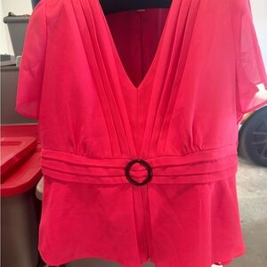 Bright Pink V-Neck Women’s Blouse with Belt Detail p12